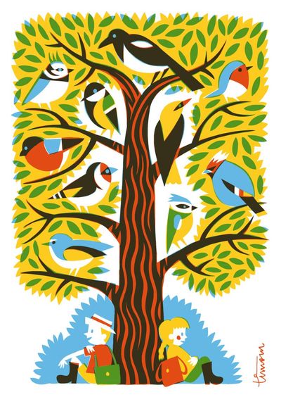 Postkarte "Linnut" - die Vögel im Baum